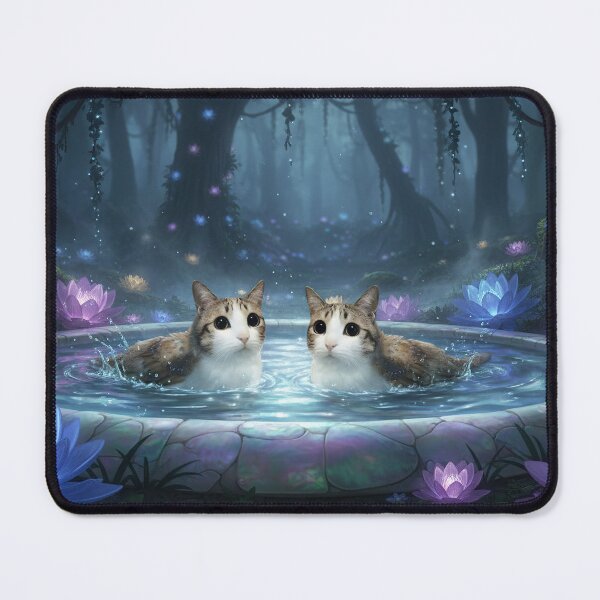 Item preview, two Meowls in Luminous Pond – Dreamlike Fantasy Scene designed and sold by jetaiart.