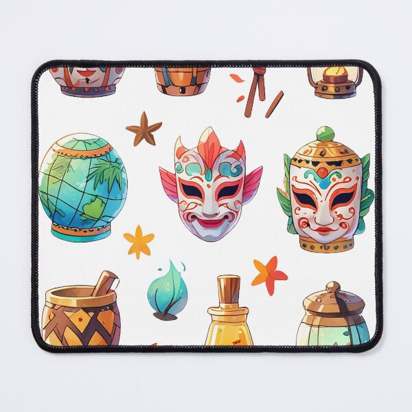 Item preview, Watercolor Cultural Icons Sheet – Travel Diary Page with Festival Mask, Lantern, Globe & Instruments designed and sold by TheArtOfChaa.