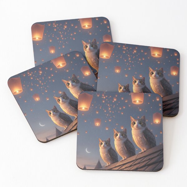 Item preview, Three Meowls Watching Floating Lanterns – Magical Night Scene designed and sold by jetaiart.