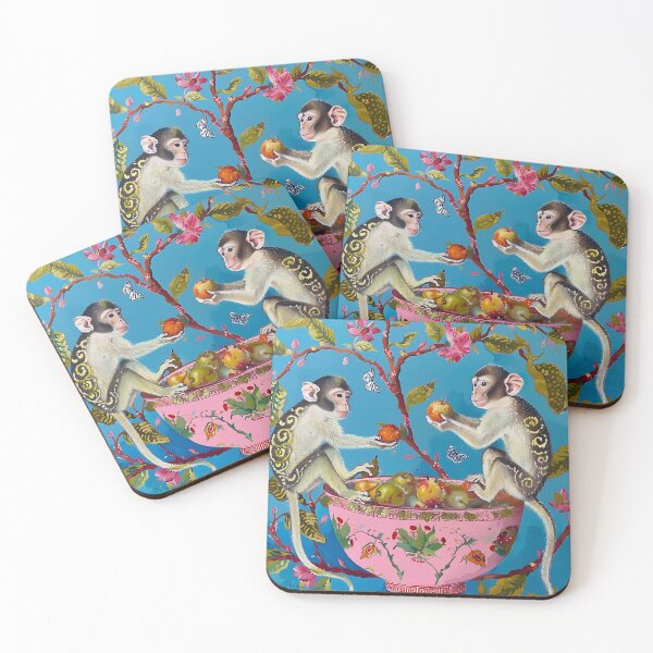 Item preview, Chinoiserie monkeys and ginger jar on blue designed and sold by SophieClimaArt.