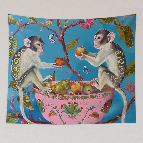 Item preview, Chinoiserie monkeys and ginger jar on blue designed and sold by SophieClimaArt.