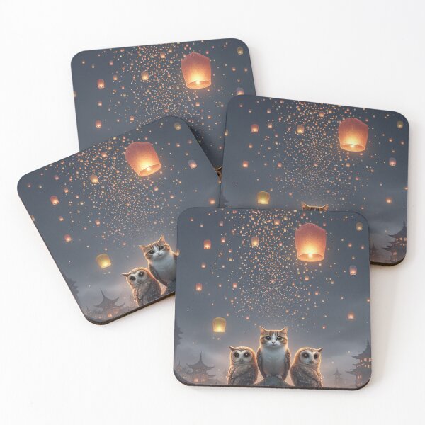 Item preview, Copy of Three Meowls Watching Floating Lanterns – Magical Night Scene designed and sold by jetaiart.