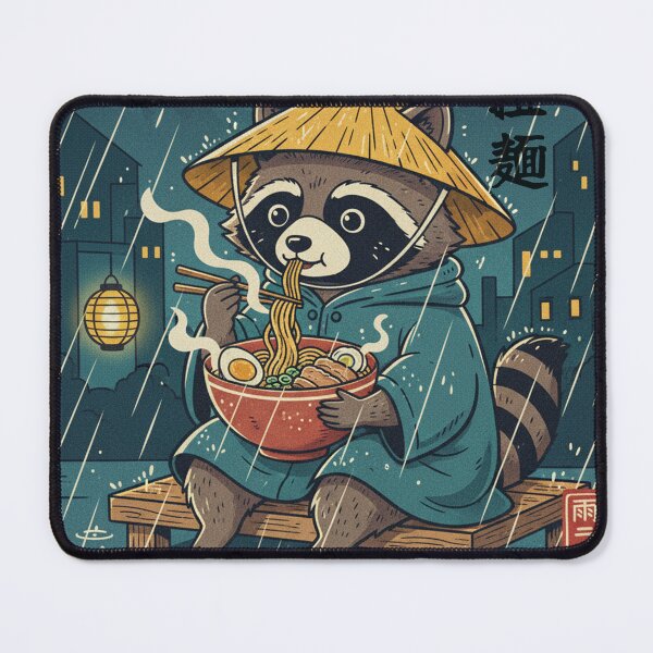 Item preview, Raccoon Eating Ramen "Ame Ramen" Cozy Retro Japanese Style designed and sold by Bongocomic.
