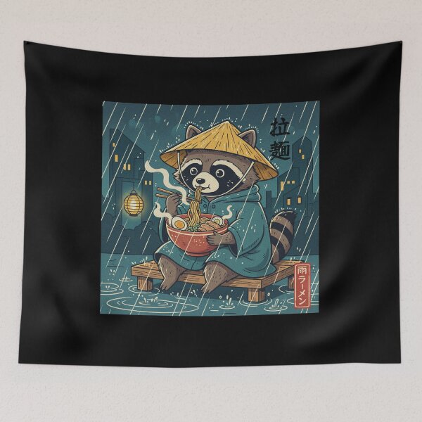 Item preview, Raccoon Eating Ramen "Ame Ramen" Cozy Retro Japanese Style designed and sold by Bongocomic.