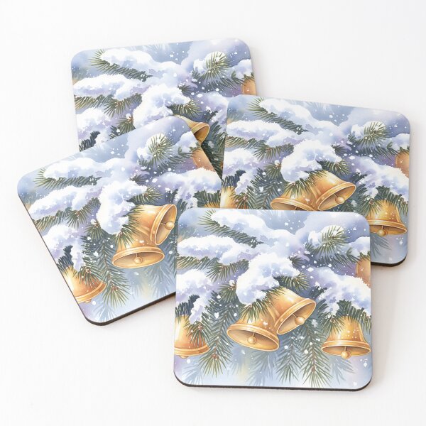 Item preview, Golden Christmas bells hanging on a snowy pine branch designed and sold by homydesign.