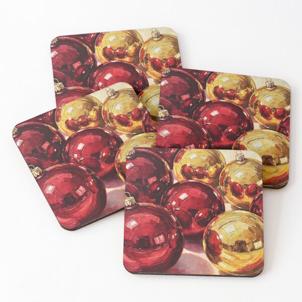 Item preview, A still life painting of glossy red and gold christmas ornaments designed and sold by homydesign.