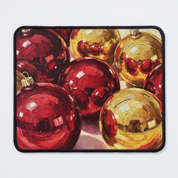 Item preview, A still life painting of glossy red and gold christmas ornaments designed and sold by homydesign.