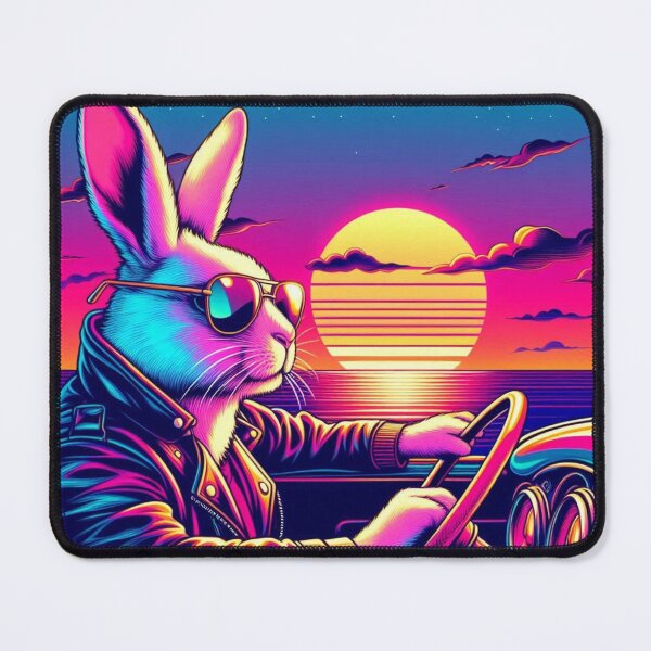 Artikelvorschau, "Synthwave Sunset Drive mit Cool Rabbit" entworfen und verkauft von Dogandesighn.