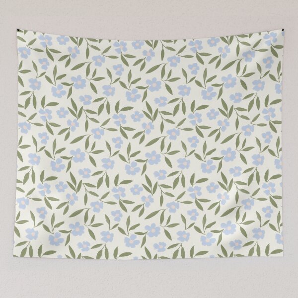 Item preview, Soft blue painterly brushstroke flowers and green leaves on cream pattern designed and sold by PrettywithColor.