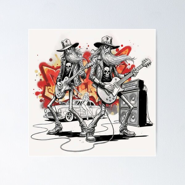 Item preview, Bearded Rock Guitarists with Hot Rod and Graffiti Art – Rock and Roll Illustration  designed and sold by Pixel Pout.