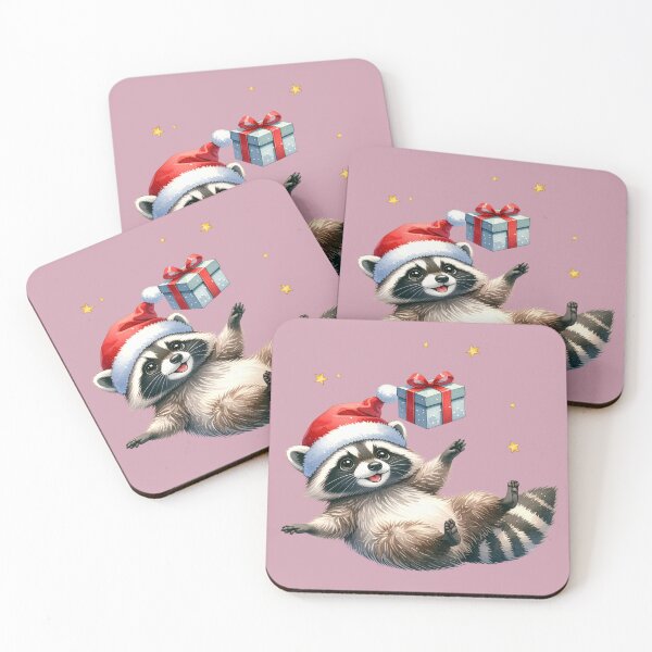 Item preview, Playful raccoon with Christmas present in watercolor style designed and sold by LiskoDesign.