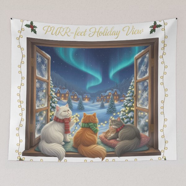 Item preview, PURRfect Holiday View Aurora Cats Window designed and sold by zoughlal.