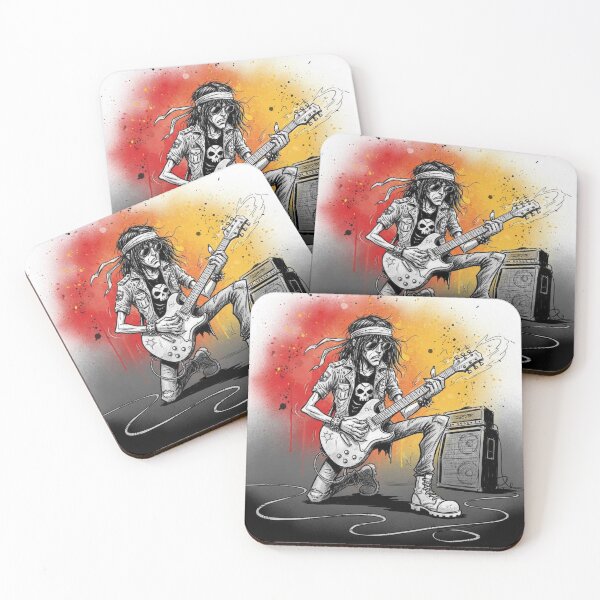 Item preview, Rock Guitarist Kneeling on Stage – Skull Shirt, Bandana, and Amplifier Illustration   designed and sold by Pixel Pout.