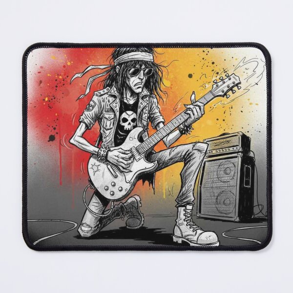 Item preview, Rock Guitarist Kneeling on Stage – Skull Shirt, Bandana, and Amplifier Illustration   designed and sold by Pixel Pout.