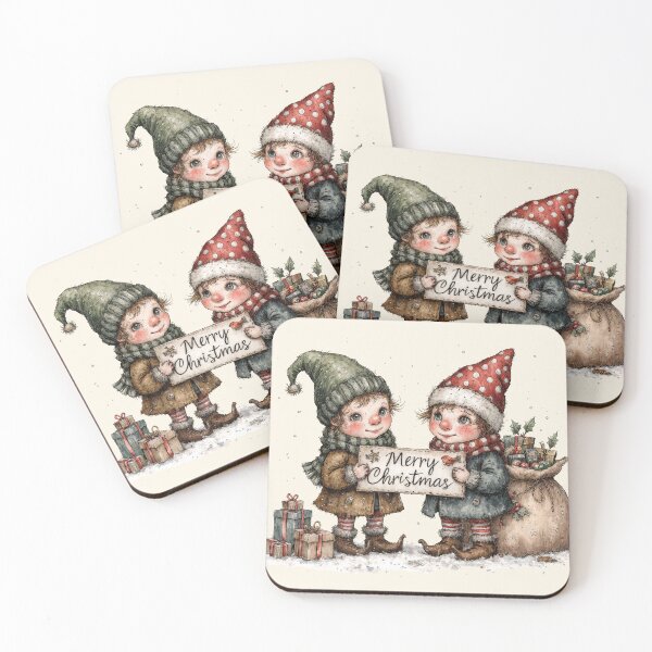 Item preview, Cute elf messengers with a Merry Christmas sign - Nostalgic winter illustration of an elf couple with a gift sack - Vintage Christmas motif designed and sold by Connys Colorful World.