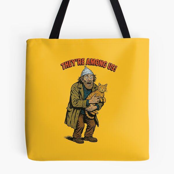 Item preview, They’re Among Us – Tin Foil Hat Guy with Cat Vintage Sci-Fi Art designed and sold by The Devil's Bargain.