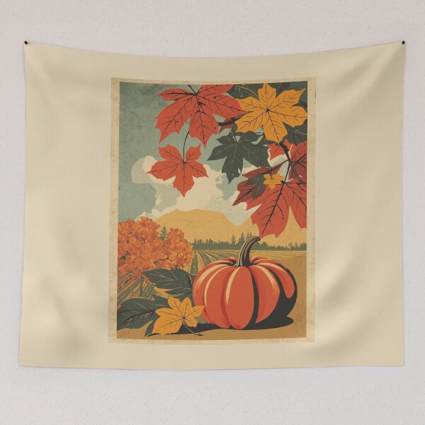 Item preview, Vintage Fall Landscape Poster | Retro Pumpkin & Autumn Leaves Illustration designed and sold by AM-little-shop.