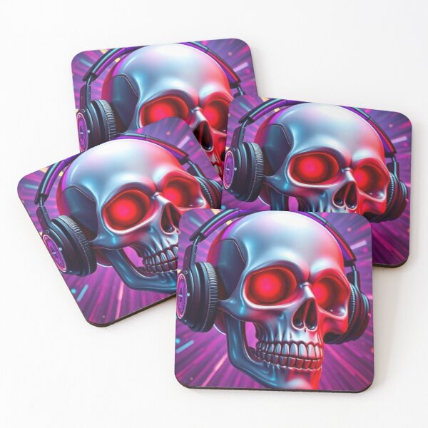 Item preview, Skull wearing headphones on purple/pink background designed and sold by Mickey-Inc.