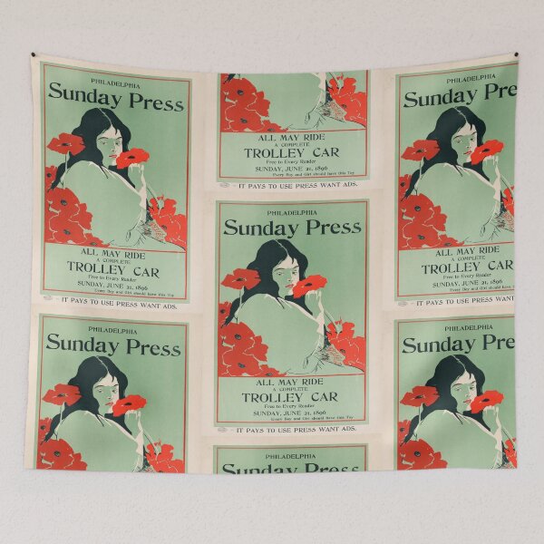 Item preview, Vintage 1896 Philadelphia Sunday Press Poster | Art Nouveau Style | Red Poppies & Trolley Car Toy | Antique Advertising Art designed and sold by artofuniverse.