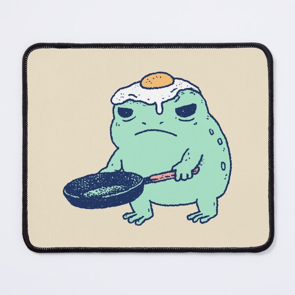 Item preview, Funny Egg Frog with Fried Egg Hat and Frying Pan, quirky grumpy cartoon designed and sold by Magnificent Lizard.
