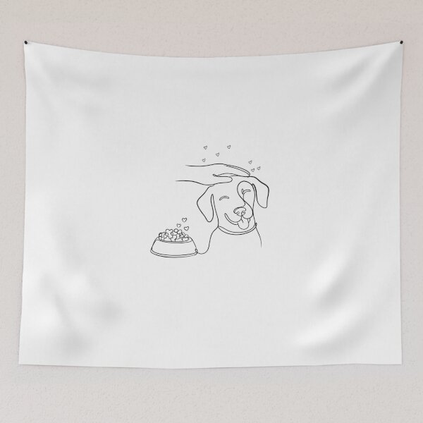 Item preview, Modern and minimalist one-line illustration capturing a moment of joy and care: a happy dog being gently petted, with a heart-adorned food bowl nearby. designed and sold by Sunshine2504.