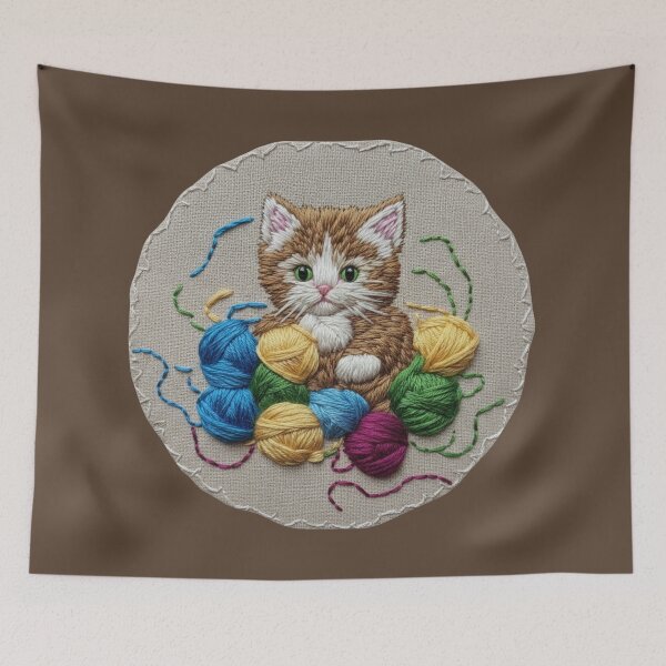 Item preview, Cute Kitten Among Yarn Balls - Faux Embroidery and Patch Look T-Shirt designed and sold by tarzbol.