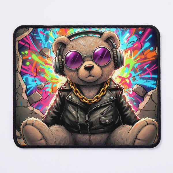 Item preview, Cool Teddy Bear in Leather Jacket with Headphones – Graffiti Street Art Illustration   designed and sold by Pixel Pout.