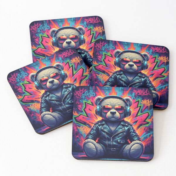 Item preview, Cool Teddy Bear with Headphones and Leather Jacket – Neon Graffiti Street Art   designed and sold by Pixel Pout.