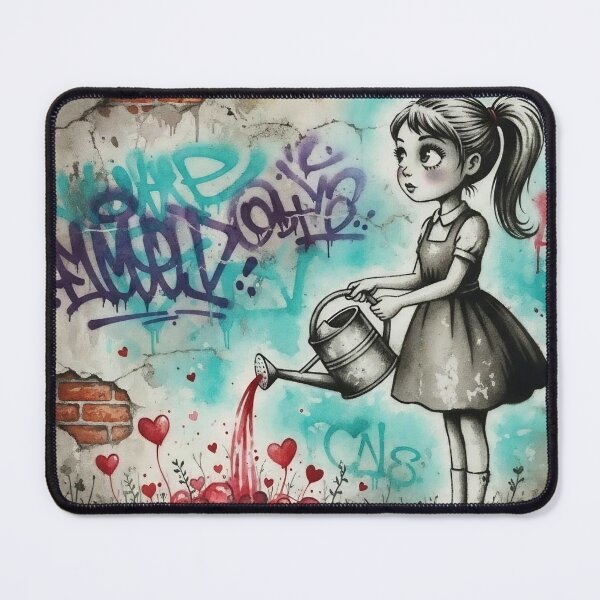 Item preview, Girl Watering Hearts – Whimsical Street Art Love Mural Illustration designed and sold by Pixel Pout.