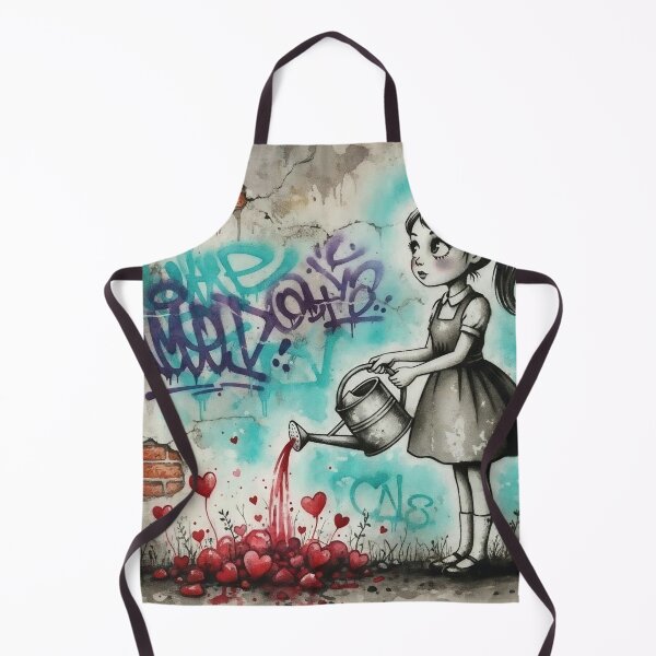 Item preview, Girl Watering Hearts – Whimsical Street Art Love Mural Illustration designed and sold by Pixel Pout.
