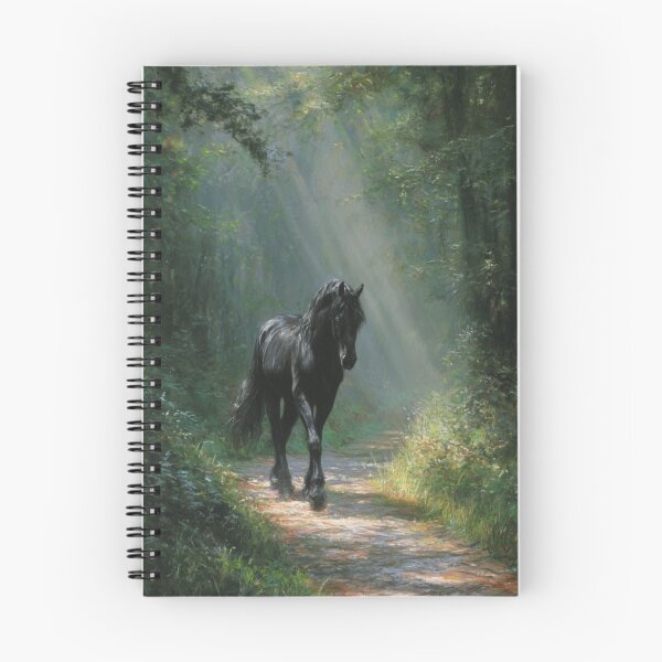 Item preview, A Friesian horse trotting through a serene forest path Horses in Motion designed and sold by CDC40.