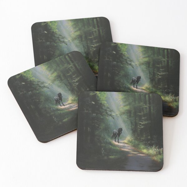 Item preview, A Friesian horse trotting through a serene forest path Horses in Motion designed and sold by CDC40.