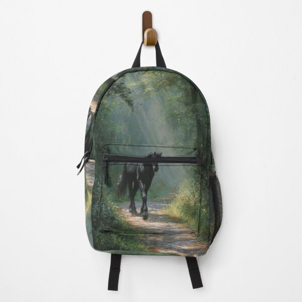 Item preview, A Friesian horse trotting through a serene forest path Horses in Motion designed and sold by CDC40.