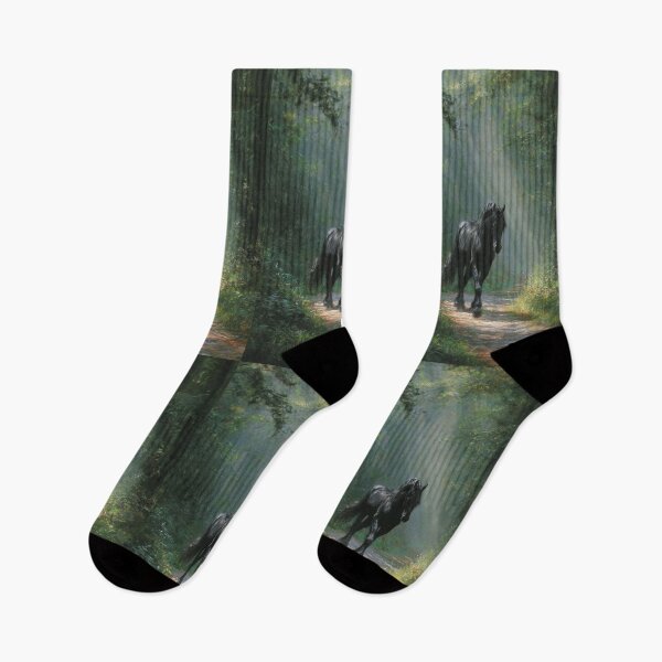Item preview, A Friesian horse trotting through a serene forest path Horses in Motion designed and sold by CDC40.