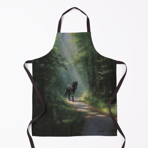Item preview, A Friesian horse trotting through a serene forest path Horses in Motion designed and sold by CDC40.