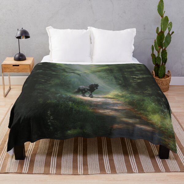 Item preview, A Friesian horse trotting through a serene forest path Horses in Motion designed and sold by CDC40.