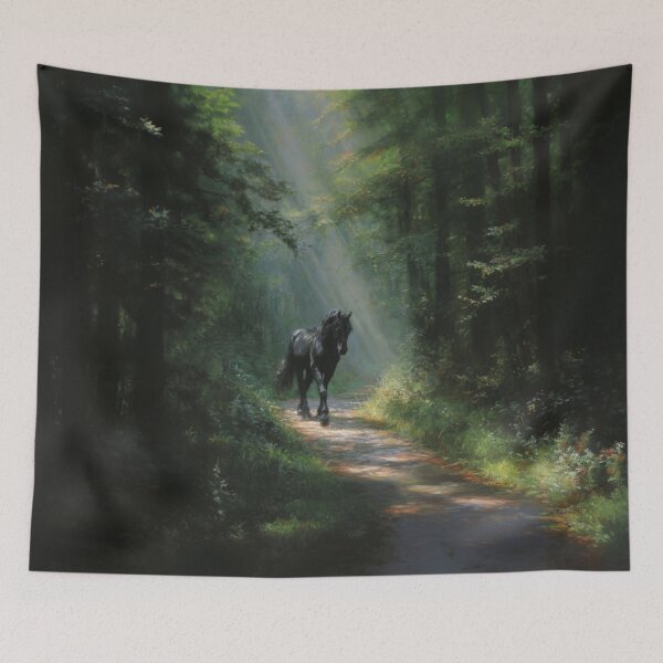 Item preview, A Friesian horse trotting through a serene forest path Horses in Motion designed and sold by CDC40.