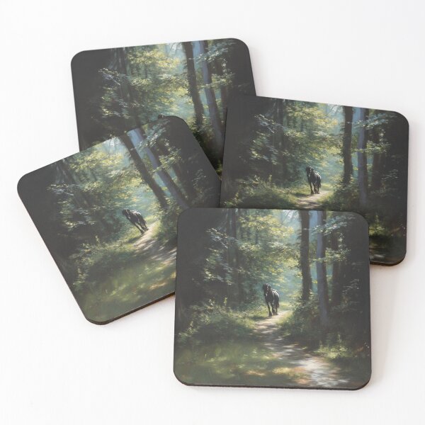 Item preview, A Friesian horse trotting through a serene forest path Horses in Motion designed and sold by CDC40.