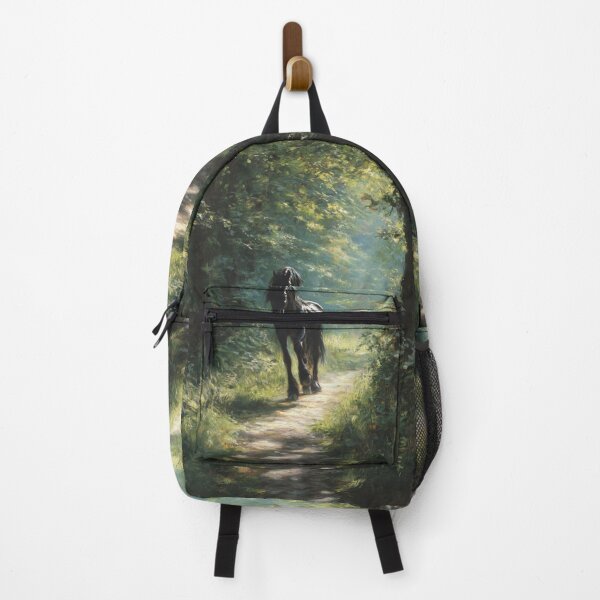 Item preview, A Friesian horse trotting through a serene forest path Horses in Motion designed and sold by CDC40.