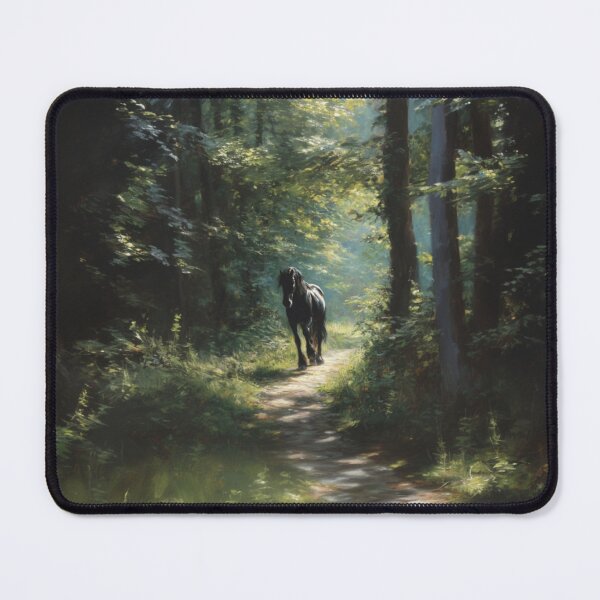 Item preview, A Friesian horse trotting through a serene forest path Horses in Motion designed and sold by CDC40.