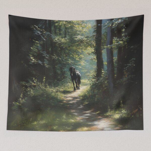 Item preview, A Friesian horse trotting through a serene forest path Horses in Motion designed and sold by CDC40.