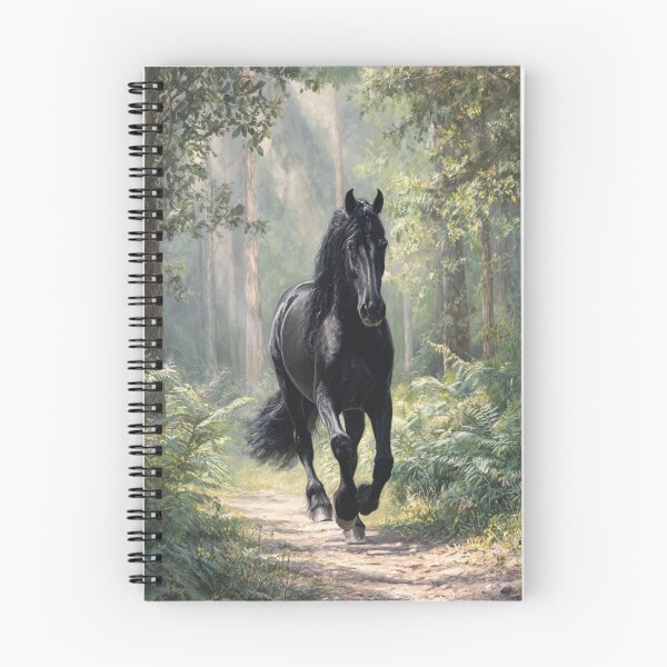 Item preview, A Friesian horse trotting through a serene forest path Horses in Motion designed and sold by CDC40.