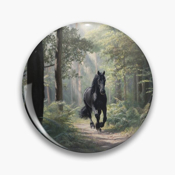 Item preview, A Friesian horse trotting through a serene forest path Horses in Motion designed and sold by CDC40.
