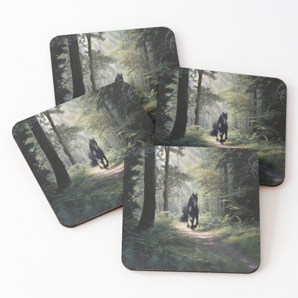 Item preview, A Friesian horse trotting through a serene forest path Horses in Motion designed and sold by CDC40.