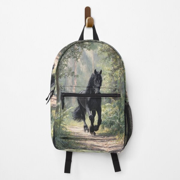 Item preview, A Friesian horse trotting through a serene forest path Horses in Motion designed and sold by CDC40.