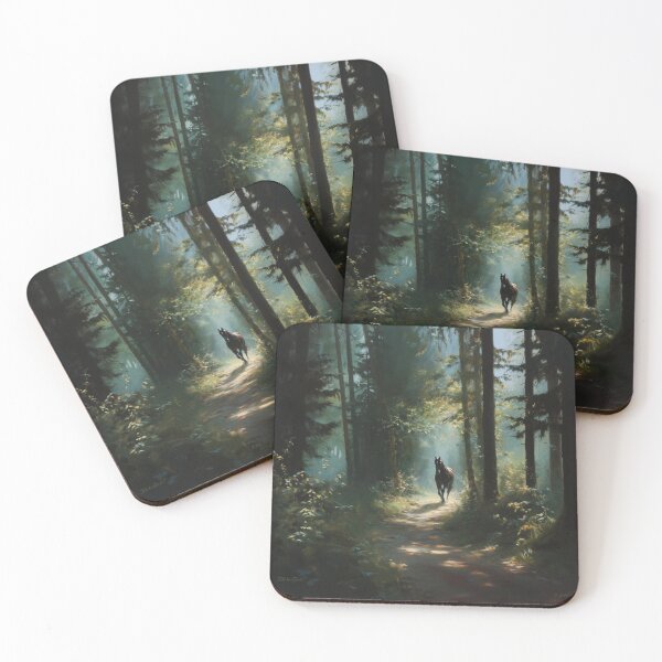Item preview, A Friesian horse trotting through a serene forest path Horses in Motion designed and sold by CDC40.