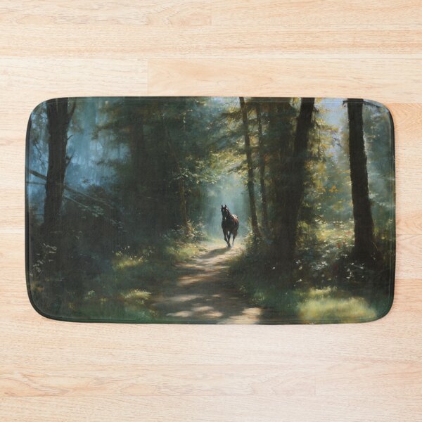 Item preview, A Friesian horse trotting through a serene forest path Horses in Motion designed and sold by CDC40.