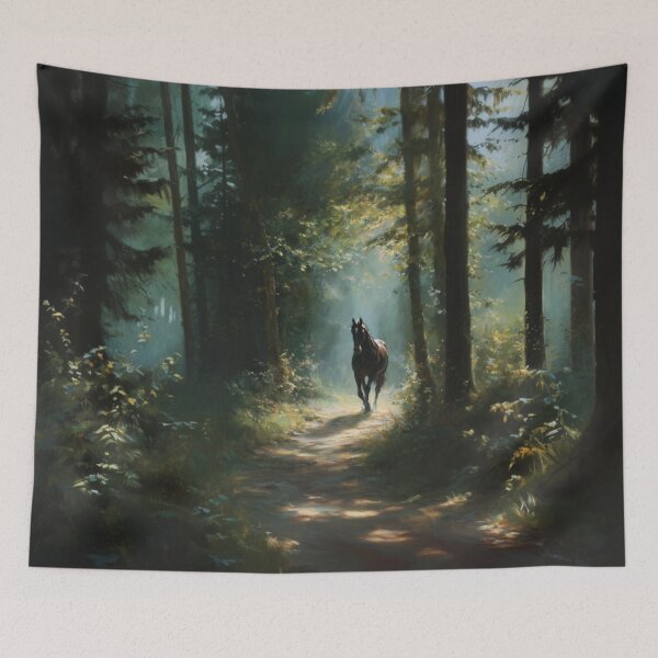 Item preview, A Friesian horse trotting through a serene forest path Horses in Motion designed and sold by CDC40.