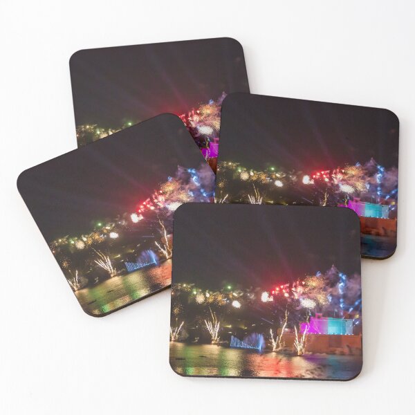 Item preview, Colorful Waterfront Fireworks Show Over Night Scene With Reflections And Illuminated Buildings designed and sold by Nmallia.