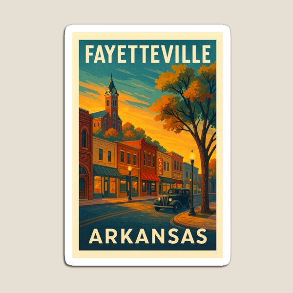 Item preview, Fayetteville Arkansas Vintage Poster | Retro Downtown & Old Main Hill Art designed and sold by AtlasCreativeCo.